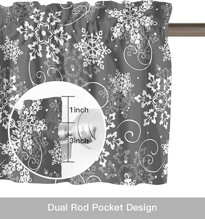 Christmas Valance Curtains for Kitchen Windows Grey White Snowflakes Pattern Rod Pocket Window Treatment Toppers for Kitchen/Living Room/Bedroom/Bathroom, 42" X 12", Winter