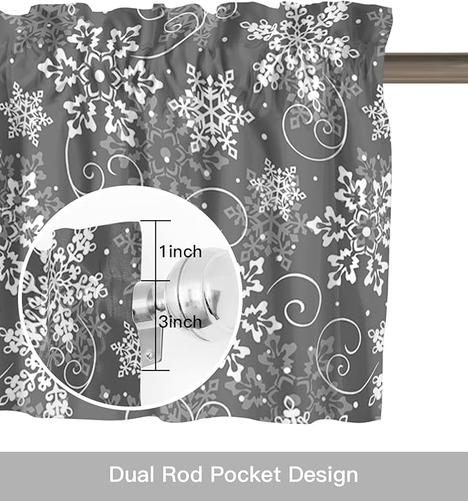 Christmas Valance Curtains for Kitchen Windows Grey White Snowflakes Pattern Rod Pocket Window Treatment Toppers for Kitchen/Living Room/Bedroom/Bathroom, 60" X 18", Winter