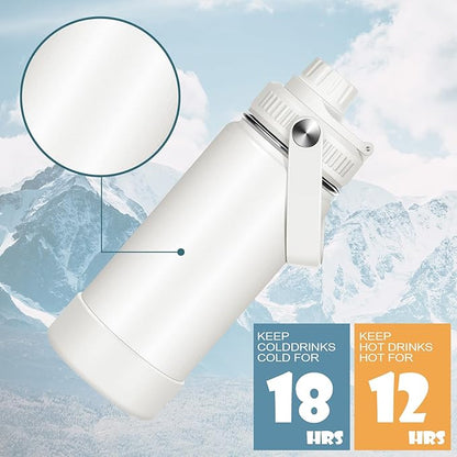 Nitial 1 Pcs Insulated Water Bottle 14 oz Stainless Steel Water Bottle with Handle and Leak Proof Spout Lid Double Wall Vacuum Reusable Sports Bottles, Almond White