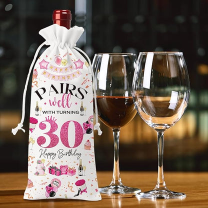 30th Birthday Gifts for Her Women Men Wine Bag, 30 Year Old Birthday Gifts for Women Men, Happy 30th Birthday Party Decorations for Her Him, Pairs Well with Turning 30 Wine Bags (White Pink)