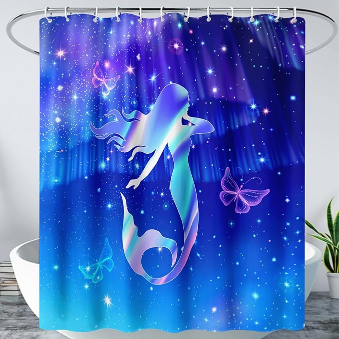 AILONEN Mermaid Shower Curtain for Bathroom,Blue Mermaid Star Girls Kids Bath Curtain 48" W*72" H,Beautiful Mermaid Decorative Waterproof Curtain with 12 Plastic Hooks