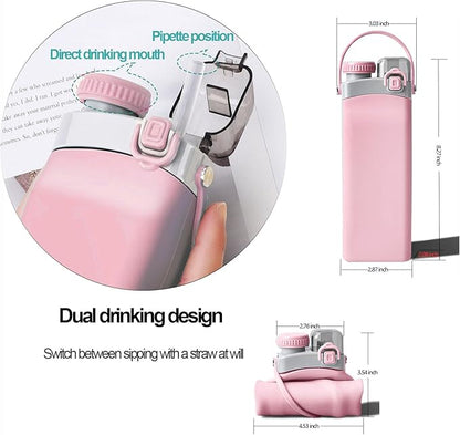 THAIOXYH® Collapsible Water Bottle 20 oz（600ml） Silicone BPA Free Reuseable Lightweight Foldable Water Bottles for Traveling Running Hiking Camping Sports (Pink)