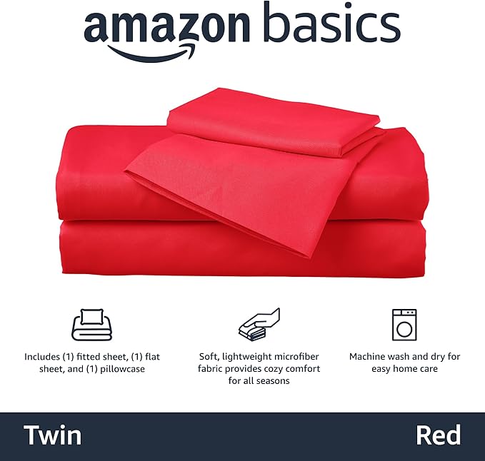 Amazon Basics Kid's Soft Easy-Wash Lightweight Microfiber 3-Piece Sheet Set, Twin, Red, Solid