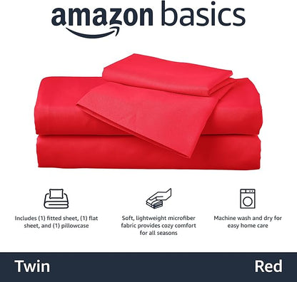 Amazon Basics Kid's Soft Easy-Wash Lightweight Microfiber 3-Piece Sheet Set, Twin, Red, Solid