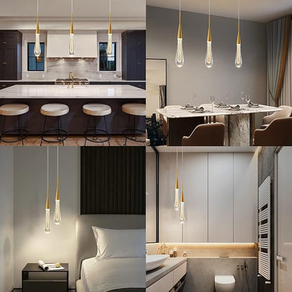 LMQNINE Kitchen Light Fixtures Ceiling Dimmable LED Modern Gold Pendant Light Mini Teardrop Crystal Pendant Light for Kitchen Island Bedroom Hallway Entryway (3-Pack) (020-3)