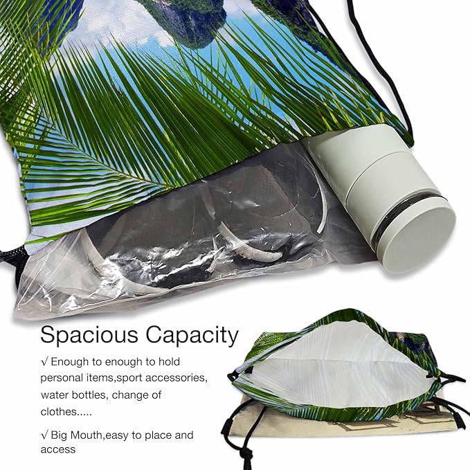 Summer Beach Drawstring Bags Sports Bag Two Beach Chairs Blue Sea Green Palm Distant Mountain Warm Sun Draw String Back Bag Men Women Adults 14x16.9 Inch
