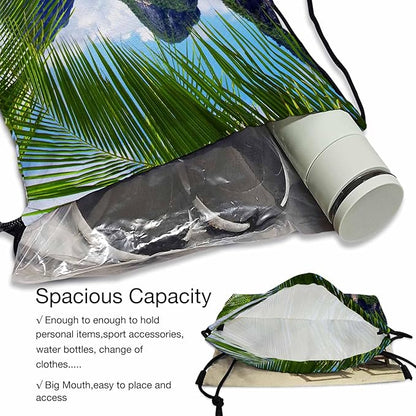 Summer Beach Drawstring Bags Sports Bag Two Beach Chairs Blue Sea Green Palm Distant Mountain Warm Sun Draw String Back Bag Men Women Adults 14x16.9 Inch