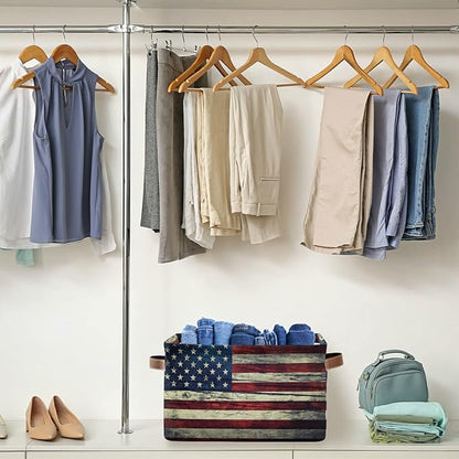 Retro American Flag Storage Basket Collapsible Storage Box with Leather Handles Rectangular Laundry Organizer 1 PC for Bathroom Clothes Kids Toys Nursery