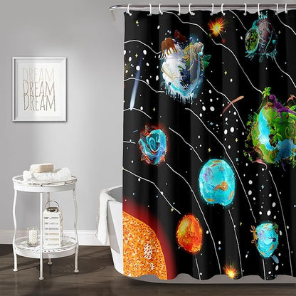AILONEN Solar System Shower Curtains,Star Trek Bath Curtains for Bathroom Decor,Planet Galaxy Polyester Waterproof for Bathroom with 12 Hooks,72" W*96" H