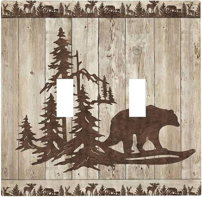 Rustic Wood Bear Forest Double Toggle Light Switch Cover Decorative Vintage Antique Cabin 2 Gang Wall Plate Electrical Faceplate Switchplate for Farmhouse Bathroom Bedroom Living Room Decor