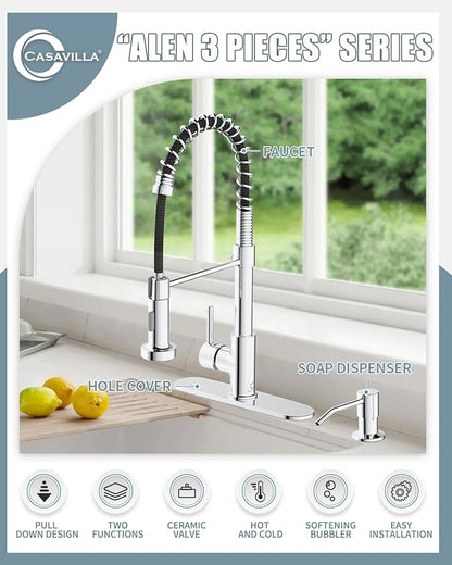 Kitchen Faucet,Chrome Kitchen Faucet with Soap Dispenser and Deck Plate,Faucet for Camper Farmhouse RV Kitchen Sink,Single Handle Stainless Steel Kitchen Sink Faucets with Pull Down Sprayer