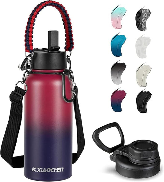 40 oz Insulated Water Bottle with Paracord Handles & Strap, 2 Lids(Straw Lid&Spout Lid), Stainless Steel Reusable Wide Mouth Metal Water Bottle With Straw, Double Walled, Thermo Mug(Dark Rainbow)