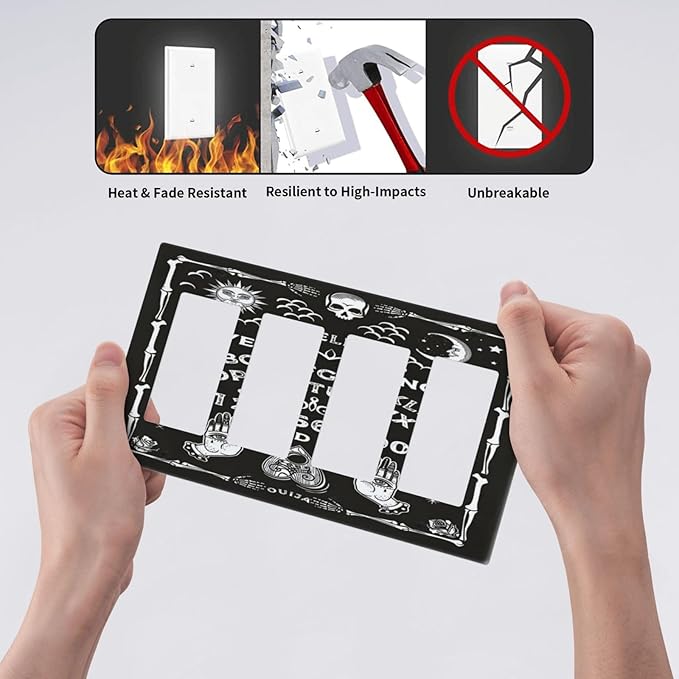 Black Witchy Skeleton Skull Gothic Sun Moon 4 Gang Rocker Decora Novelty Light Switch Cover Decorative Unique Outlet Covers Wall Plate Electrical Faceplate Switchplate GFCI for Bedroom