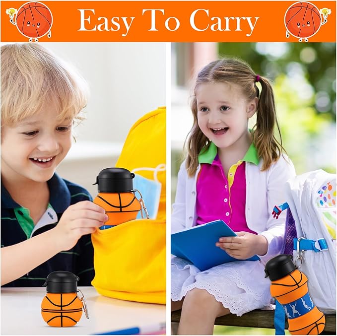 Layhit 8 Pcs Collapsible Basketball Water Bottle 18oz Basketball Cups Gifts for Kids Silicone Portable Leakproof Folding Water Bottle with Hook for Sports School Travel