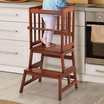 COSYLAND Kids Kitchen Step Stool, Toddler Standing Tower with CPC & FSC Certification, Removable Anti-Drop Railing Safety Rail Enjoys Unique Patented Design A Anti-tip Stable Structure Red Brown