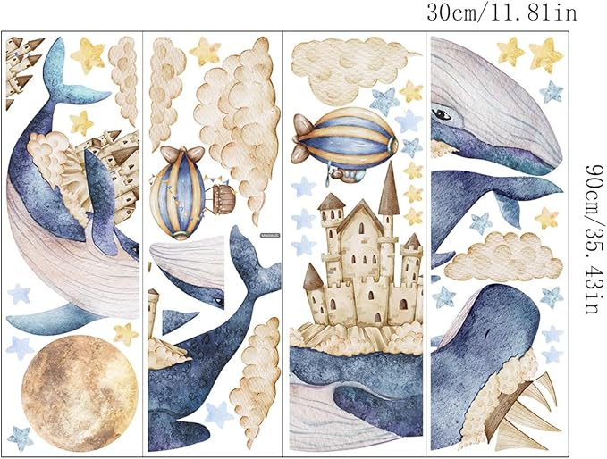 Cartoon Animals Wall Stickers for Kids Bedroom Nursery, Whale Wall Decals, Blue