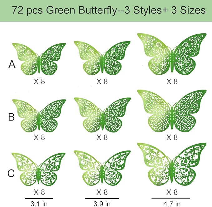 72Pcs 3D Butterfly Wall Decor 3 Sizes 3 Styles, Removable Butterfly Stickers Wall Decals, Butterfly Decorations Party Birthday Cake Decoration for Kids Nursery Wedding Bedroom Room(Green)