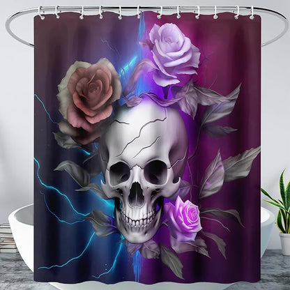 AILONEN 3D Skull Shower Curtain,Purple Rose with Skeleton Design Shower Curtain Set with Hooks for Boys Girls Teens,Gothic Skull with Light Waterproof Fabric Shower Curtain for Bathroom,48" W*72" H