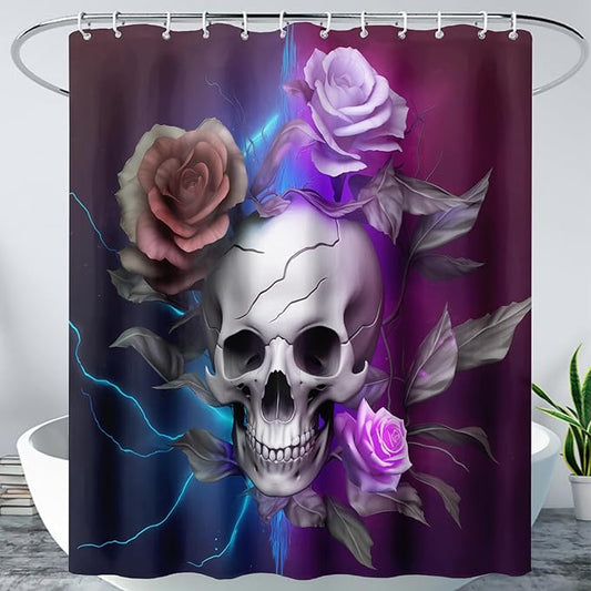 AILONEN 3D Skull Shower Curtain,Purple Rose with Skeleton Design Shower Curtain Set with Hooks for Boys Girls Teens,Gothic Skull with Light Waterproof Fabric Shower Curtain for Bathroom,72" W*78" H