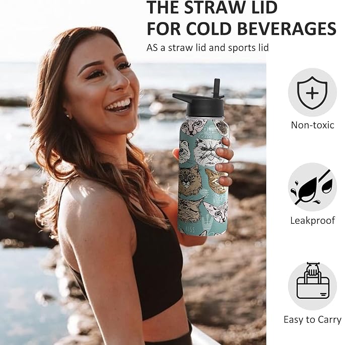 32 oz Cat Water Bottle Insulated Vacuum Stainless Steel Sports Water Bottle with 2 Lids (Straw and Spout Lid) for Gym Camping Hiking