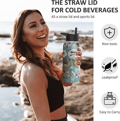 32 oz Cat Water Bottle Insulated Vacuum Stainless Steel Sports Water Bottle with 2 Lids (Straw and Spout Lid) for Gym Camping Hiking