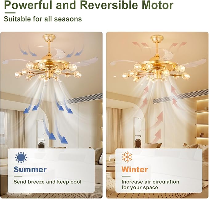 48" Chandelier Ceiling Fans with Lights: 15-Light Sputnik Crystal Ceiling Fan Chandelier - Modern Retractable Fandelier Ceiling Fan for Living Dining Room Bedroom - Gold Fandelier with Lights