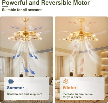 48" Chandelier Ceiling Fans with Lights: 15-Light Sputnik Crystal Ceiling Fan Chandelier - Modern Retractable Fandelier Ceiling Fan for Living Dining Room Bedroom - Gold Fandelier with Lights