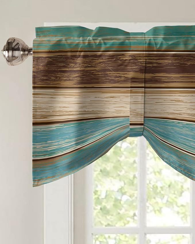 Farmhouse Blackout Tie Up Valance Curtains for Kitchen Windows Teal Turquoise Green Brown Country Window Toppers Balloon Shades for Living Room/Bathroom/Bedroom,42" X 12" Retro Rustic Barn Wood
