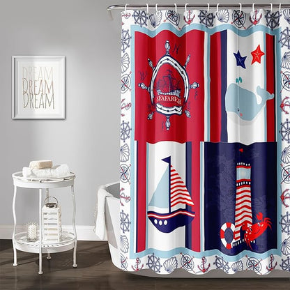 AILONEN Ocean Voyage Shower Curtain 72" W*72" H Coast Whale Lighthouse Rudder Ocean Animal Theme Bathroom Curtain,Teen Men Boys Curtain Polyester Waterproof Seafarer Bathroom Curtain with 12 Hooks