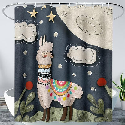 AILONEN Cute Llama Shower Curtain for Kids,Galaxy Llama Print Bath Curtain Gifts for Boys Girls,Polyester Waterproof for Bathroom with 12 Plastic Hooks 72" W*96" H