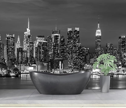 Black and White City Night View Wallpaper for Bathroom Background Wall Decor (Not Peel and Stick)