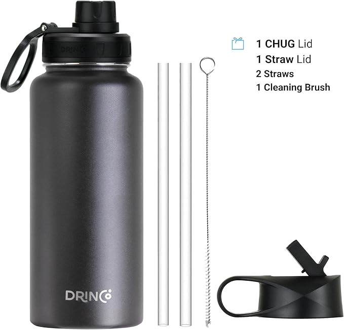DRINCO Stainless Steel Water Bottle Spout Lid Vacuum Insulated Double Wall Water Bottle USA Flag Military Veteran (32oz Thin Blue Black, 32oz)