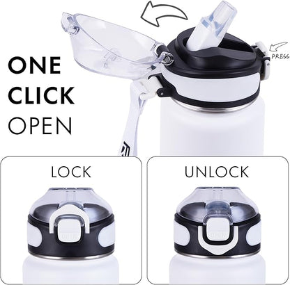 32 oz Insulated Water Bottle with Straw, Stainless Steel Metal Thermos Bottles, Durable Non-Slip Gradient Bottle with Strap for Sports and Travel, Leak Proof (White Matte)