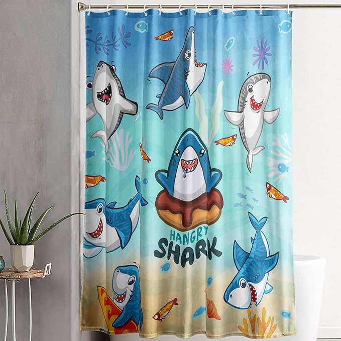 AILONEN Cartoon Shark Shower Curtain,Kawaii Donut Shark with Marine Life Bath Curtain Set for Kids Girls Boys,Fish Seaweed Fabric Shower Curtains for Bathroom, 36" W*72" H