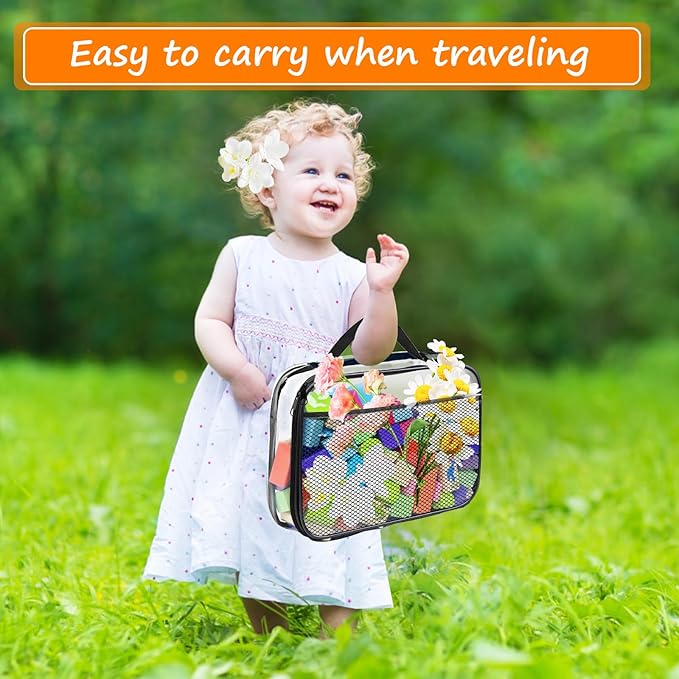 4 Packs PVC Toy Zippered Blocks, Travel Storage Case Bags for Organizing, Waterproof Toy Storage Bags with Mesh Pockets for Building Blocks, Puzzles, Clays,Toy Cars 11.8"Lx3" Wx9" H (Black).