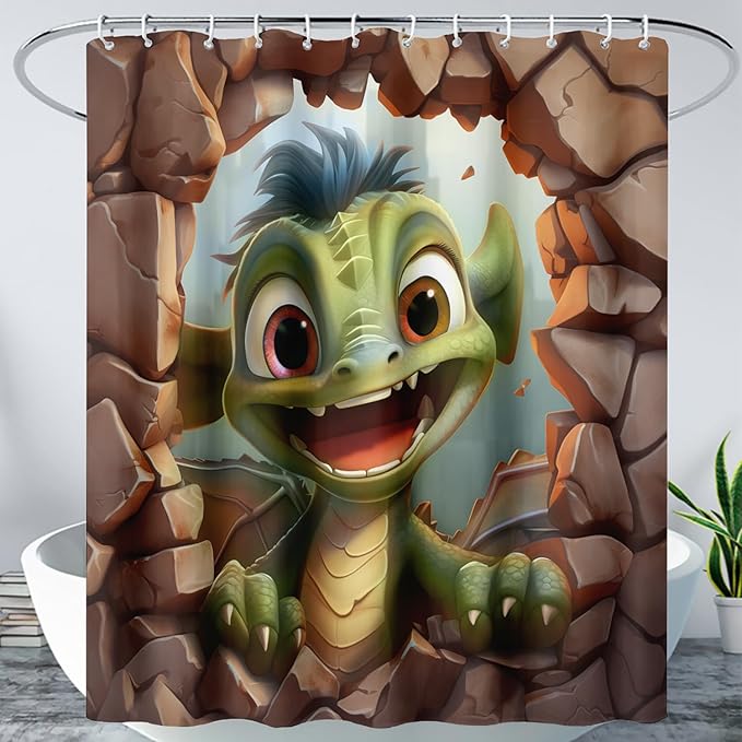 AILONEN Cartoon Dinosaur Shower Curtain for Kids,Funny Green Dinosaur Shower Curtain for Bathroom,Girls,Cute Animal Shower Curtain Set with Hooks,72" W*72" H