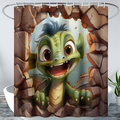 AILONEN Cartoon Dinosaur Shower Curtain for Kids,Funny Green Dinosaur Shower Curtain for Bathroom,Girls,Cute Animal Shower Curtain Set with Hooks,72" W*72" H