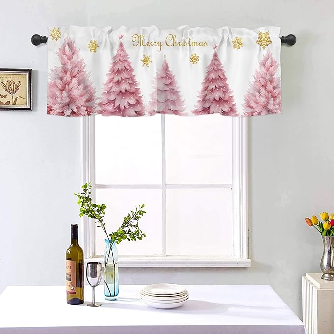 Pink Xmas Tree Window Valance for Bedroom Living Room, Gold Snowflake Christmas Window Curtain for Kitchen Bathroom, Pink Christmas Window Valance Rod Pocket Window Treatment, 54" W x 18" L