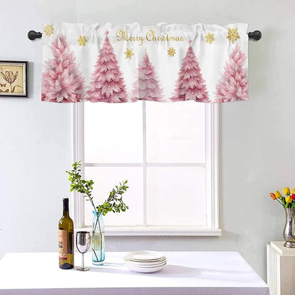Pink Xmas Tree Window Valance for Bedroom Living Room, Gold Snowflake Christmas Window Curtain for Kitchen Bathroom, Pink Christmas Window Valance Rod Pocket Window Treatment, 54" W x 18" L