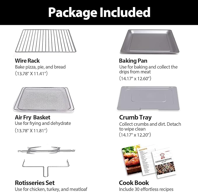 32QT Extra Large Air Fryer, 19-In-1 Air Fryer Toaster Oven Combo with Rotisserie and Dehydrator, Digital Convection Oven Countertop Airfryer Fit 13" Pizza, 1800w, Black