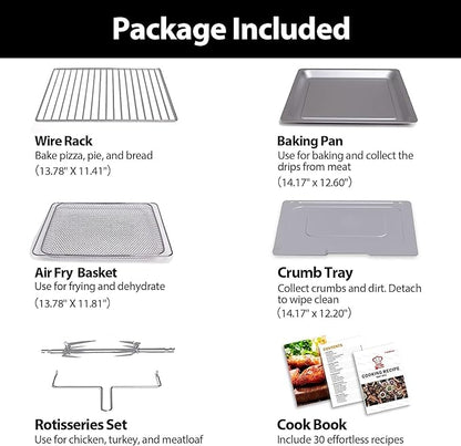 32QT Extra Large Air Fryer, 19-In-1 Air Fryer Toaster Oven Combo with Rotisserie and Dehydrator, Digital Convection Oven Countertop Airfryer Fit 13" Pizza, 1800w, Black