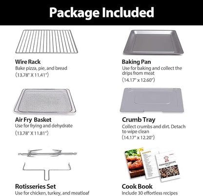 32QT Extra Large Air Fryer, 19-In-1 Air Fryer Toaster Oven Combo with Rotisserie and Dehydrator, Digital Convection Oven Countertop Airfryer Fit 13" Pizza, 1800w, Black