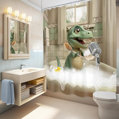 LGhtyro Kids Funny Dinosaur Shower Curtain Bathroom Set 60Wx71H Inches Boys Cartoon Dino Singing in Bathtub Cute Trex Animal Raptor Child Bath Accessories Bubbles Art Home Decor Fabric 12 Pack Hooks