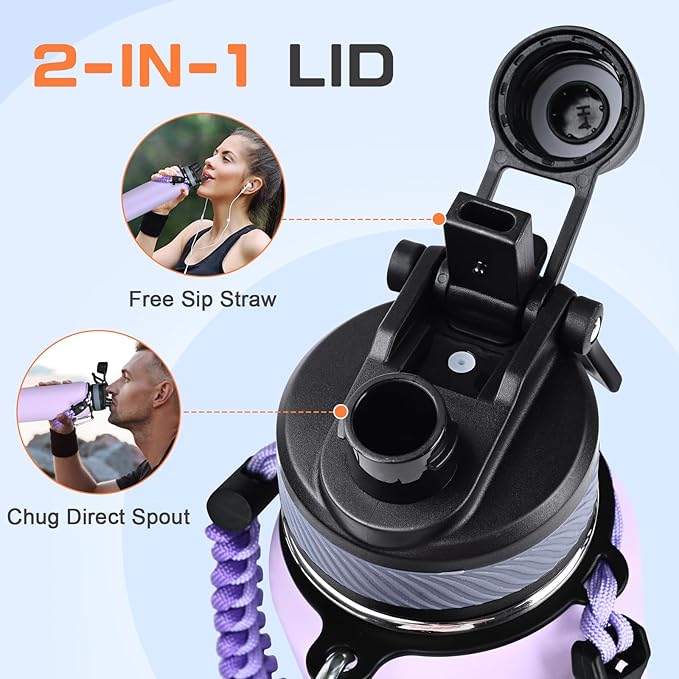 40 oz Insulated Water Bottle with Straw& Spout 2-in-1 Lid, Triple Wall Vacuum Stainless Steel Cold 48H, Leak Proof Sports Metal Flask Jug with Paracord Handle, Purple