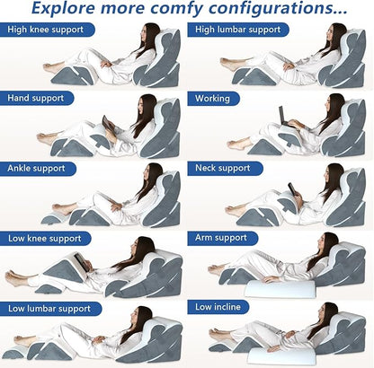 6PCS Orthopedic Bed Wedge Pillow for Sleeping, Gel Memory Foam Post Surgery Pillow Set for Back, Neck, Leg Support, Acid Reflux, Gerd, Anti Snoring, with Washable Cover & Travel Bag (White, 20'' Wide)