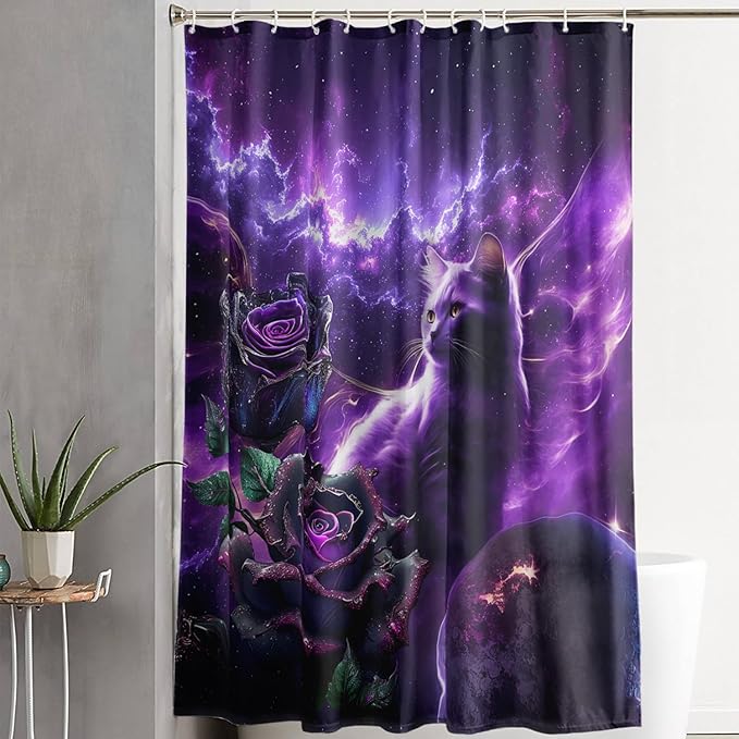 AILONEN 3D Cat Shower Curtain Set, Oil Purple Rose with Black Cat Cloth Bath Curtain for Kids Boys Girls,Boho Starry Night Shower Curtain for Bathroom,48" W*72" H