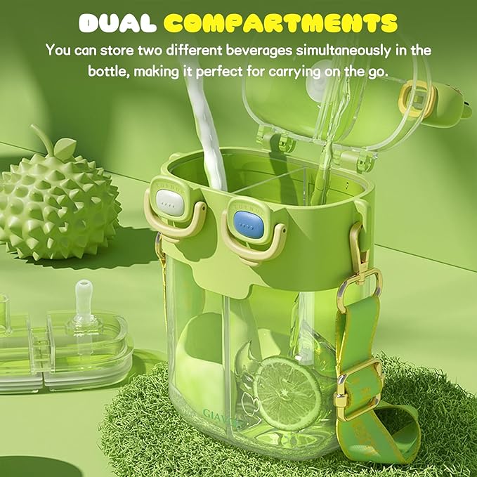 Cute Water Bottle for Kids: 26oz Kawaii Water Bottle for Girls, Funny Bear Water Bottles with Straw and Strap, Dual Compartments Leak-proof Plastic Drinking Cup for School Sport Travel (Yellow)