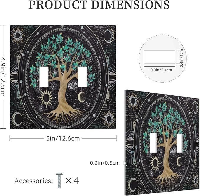 Tree of Life Blackground Double Toggle Light Switch Cover Decorative Hippie Sun Moon Star 2 Gang Wall Plate Electrical Faceplate Switchplate Art Panel for Bathroom Bedroom Living Room Decor