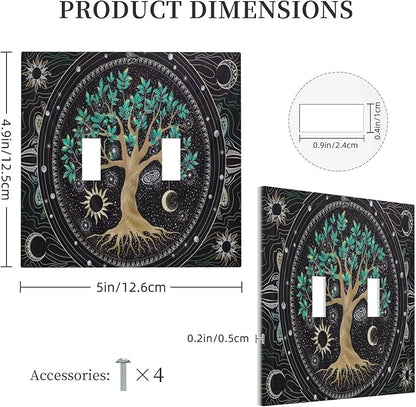 Tree of Life Blackground Double Toggle Light Switch Cover Decorative Hippie Sun Moon Star 2 Gang Wall Plate Electrical Faceplate Switchplate Art Panel for Bathroom Bedroom Living Room Decor