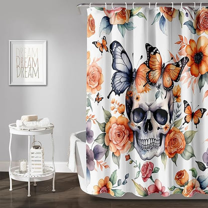 AILONEN 3D Sugar Skull Shower Curtain,Sunflower with Skeleton Design Shower Curtain Set with Hooks for Boys Girls,Butterfly Gothic Skull Waterproof Fabric Shower Curtain for Bathroom,36" W*72" H
